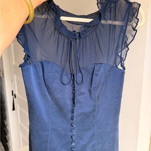 Sheer Vintage Navy Blue Button-Front Dress 100% Silk